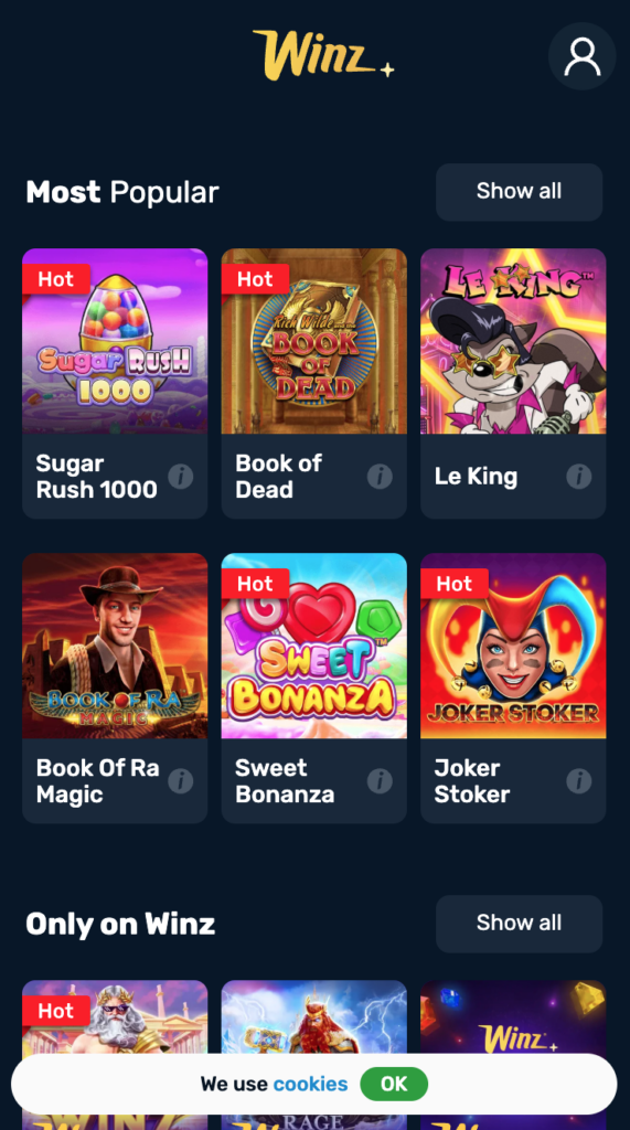 Winz casino review 2026 - game selection mobile