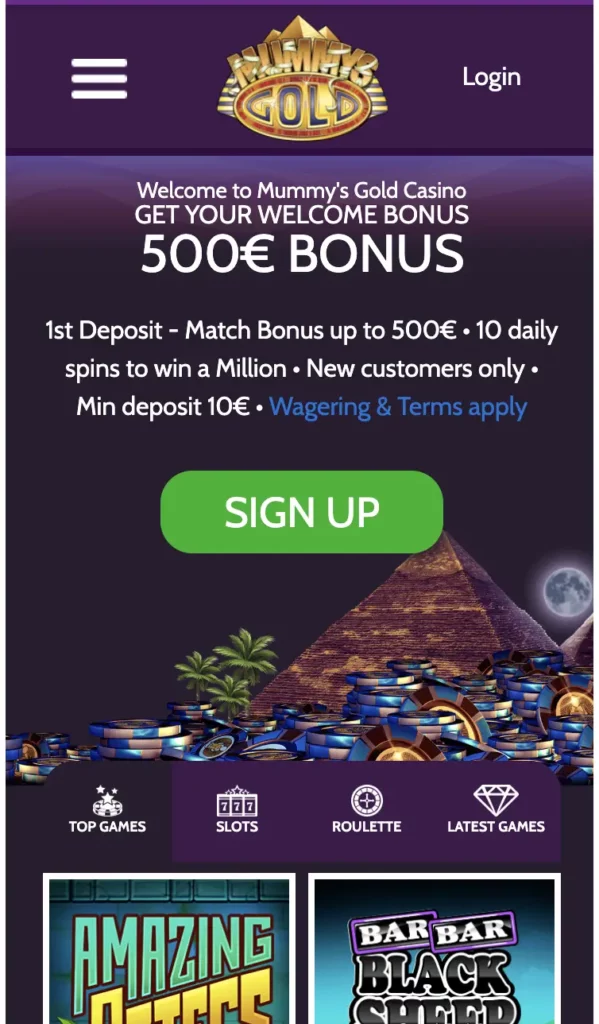 Mummys gold casino review - jan 2026 - mobile welcome screen