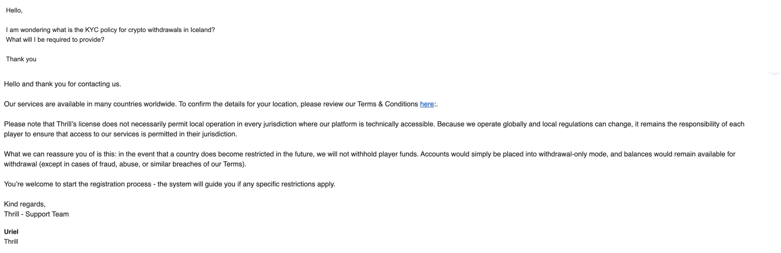 thrill casino review - contact via email