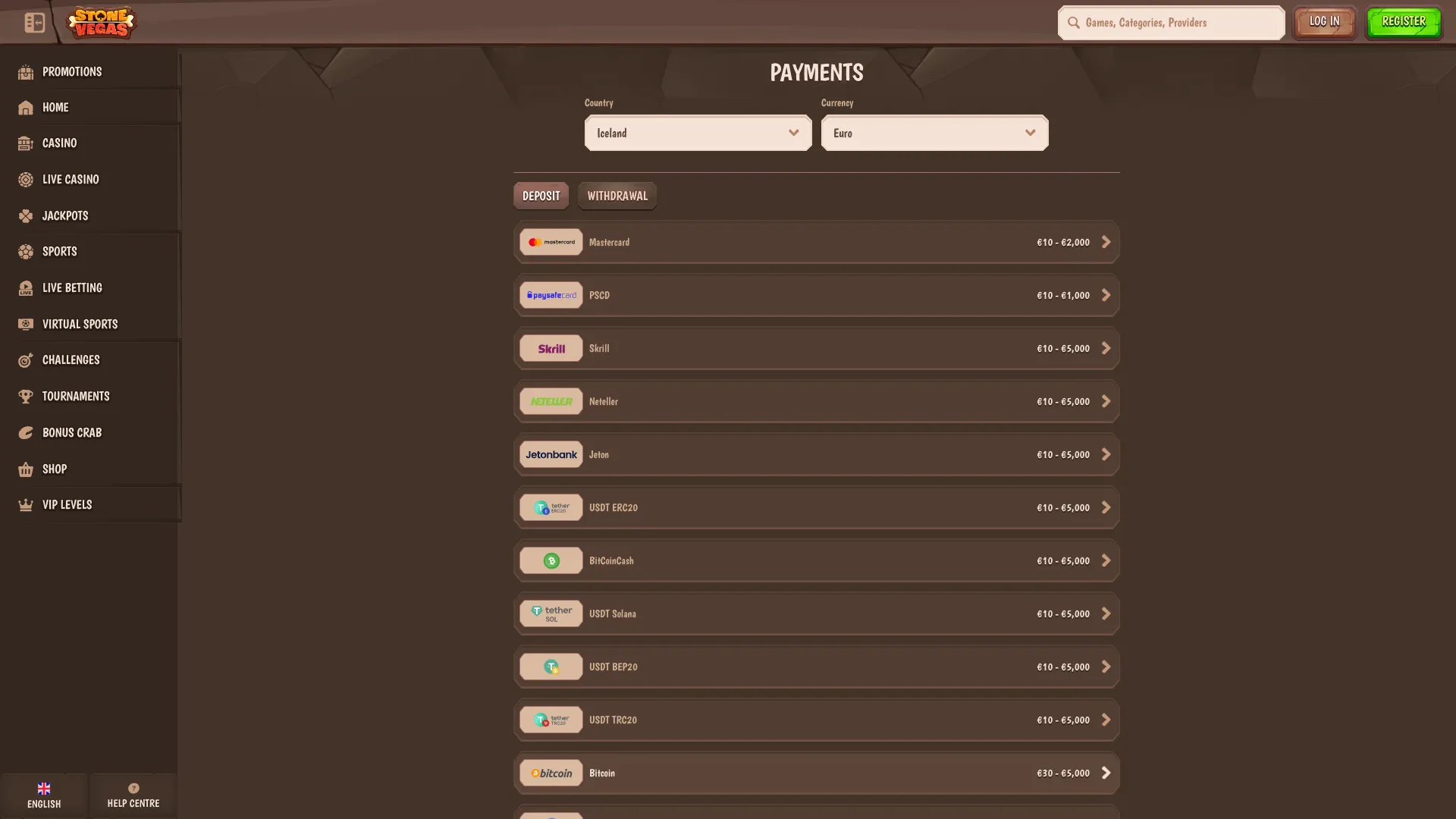 Stone Vegas Payment Methods