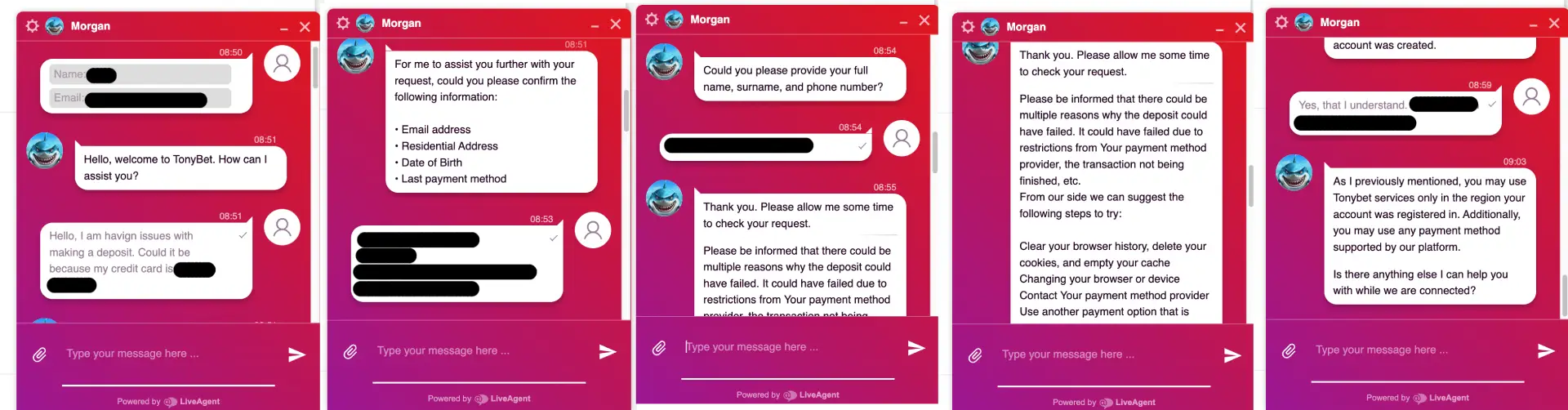 Our live chat conversation with TonyBet customer support