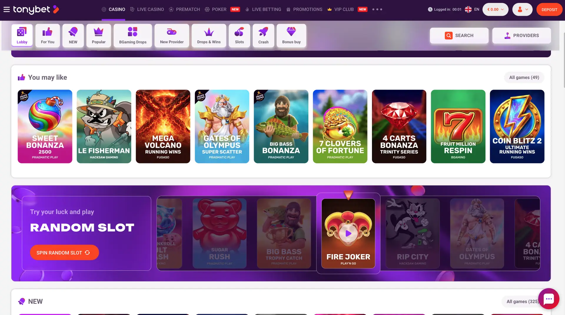 TonyBet casino game lobby after logging in