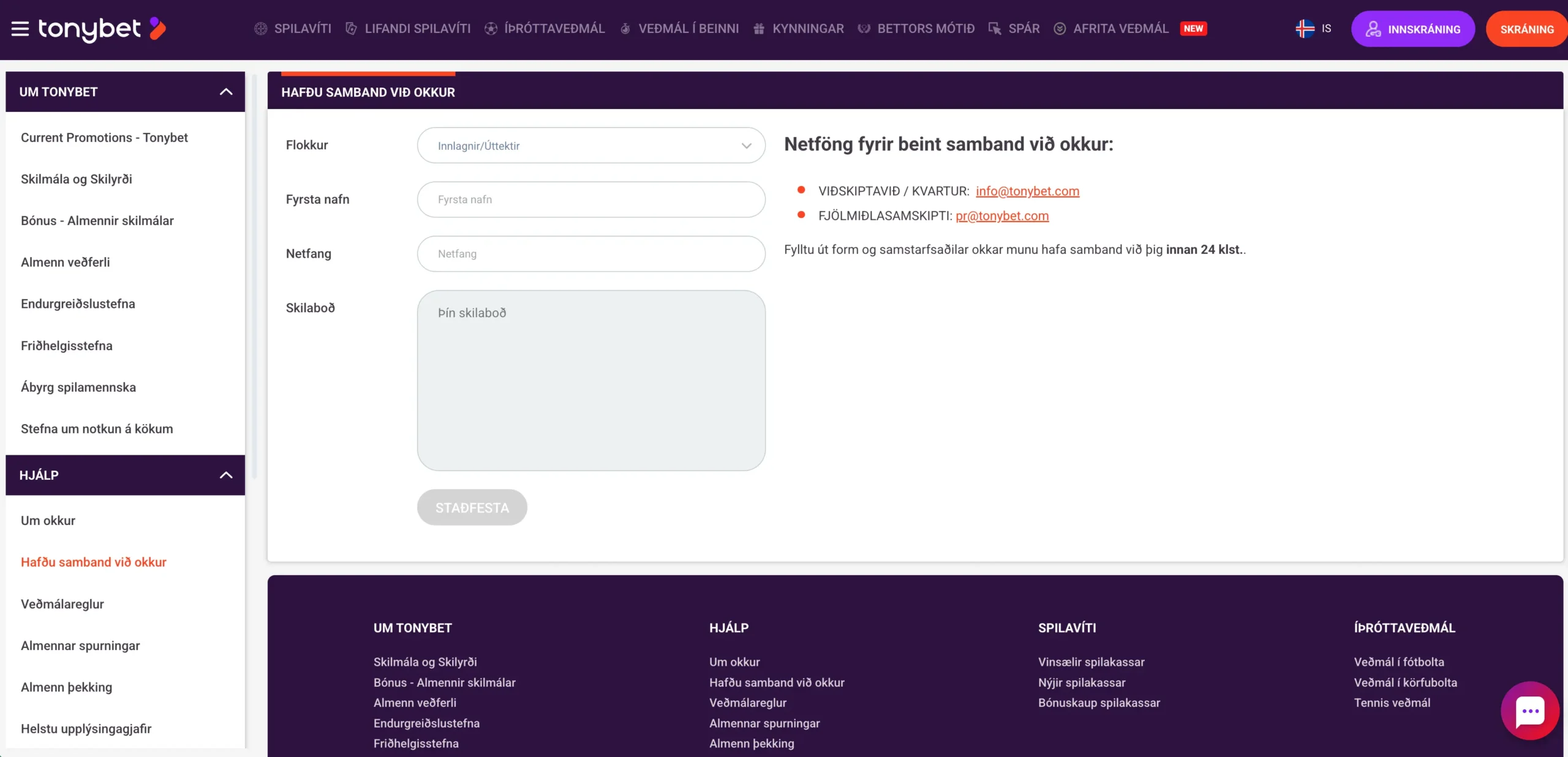 TonyBet customer support contact options