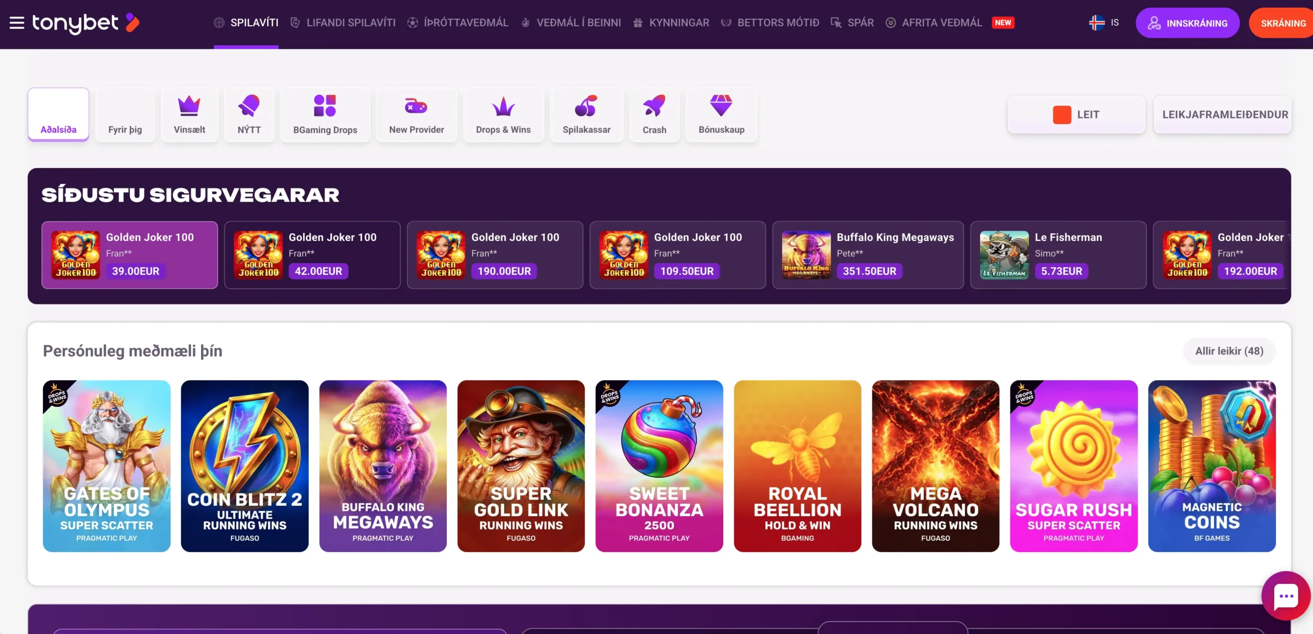 tonybet game selection