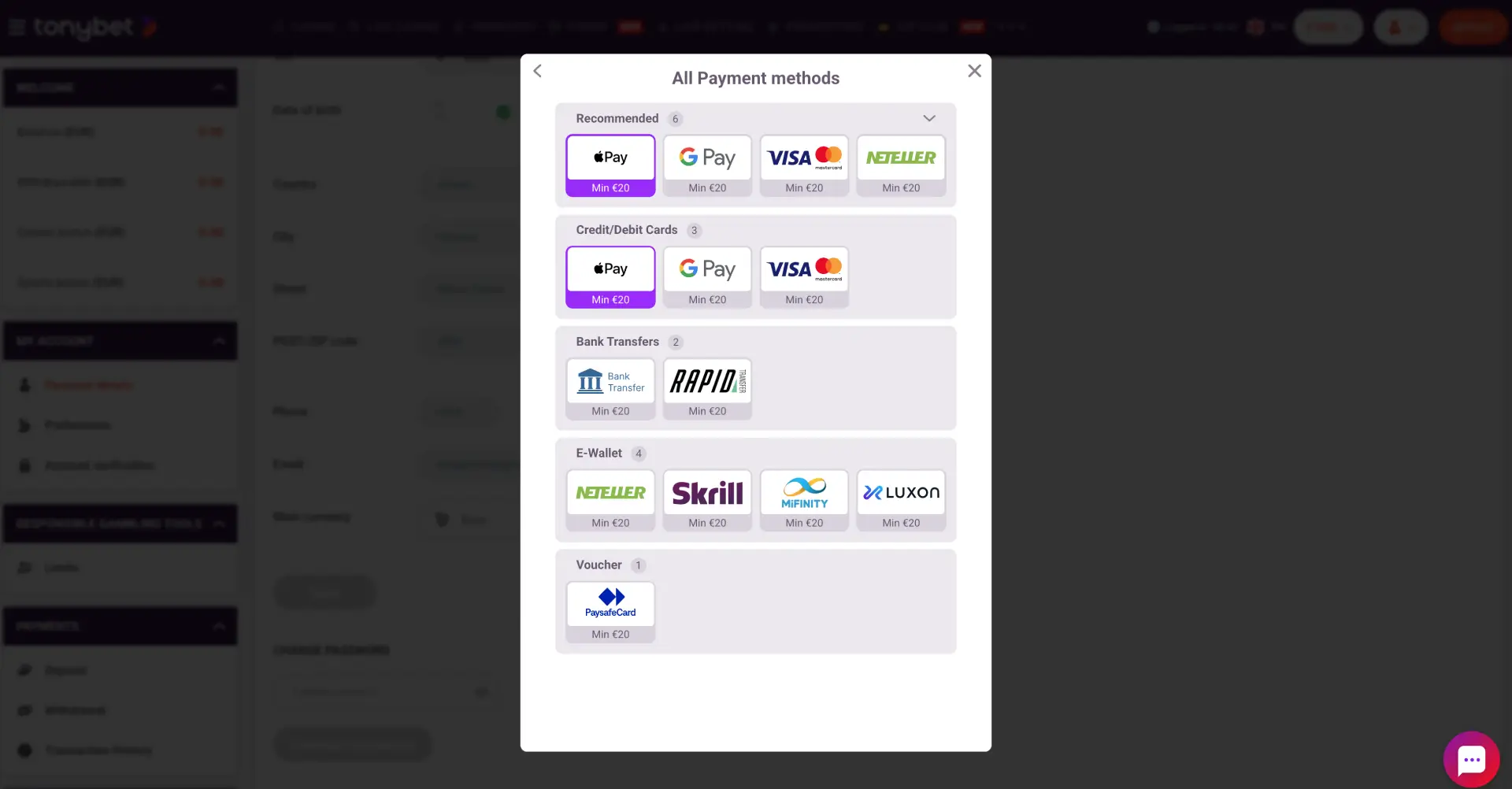 TonyBet payment methods available for players in Iceland