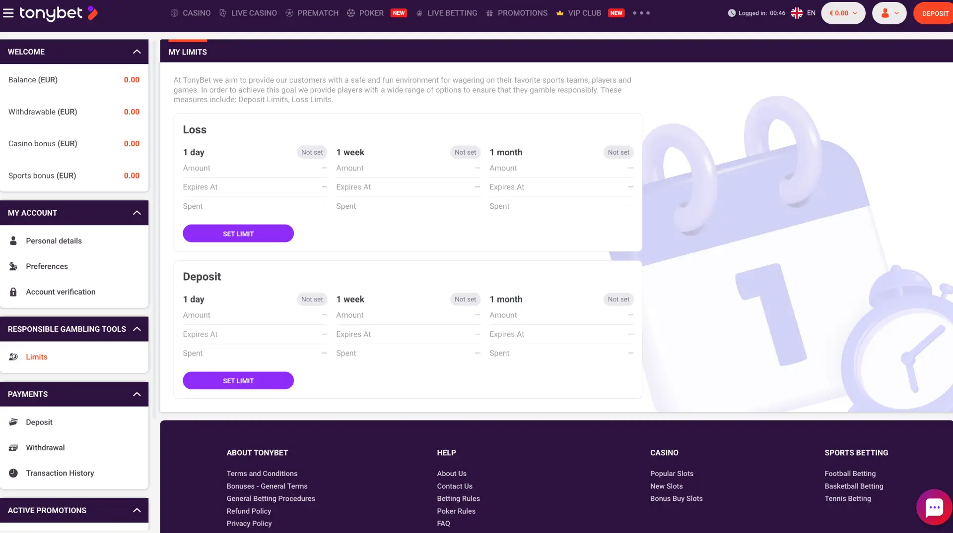 TonyBet My Limits page with daily, weekly and monthly deposit and loss limits