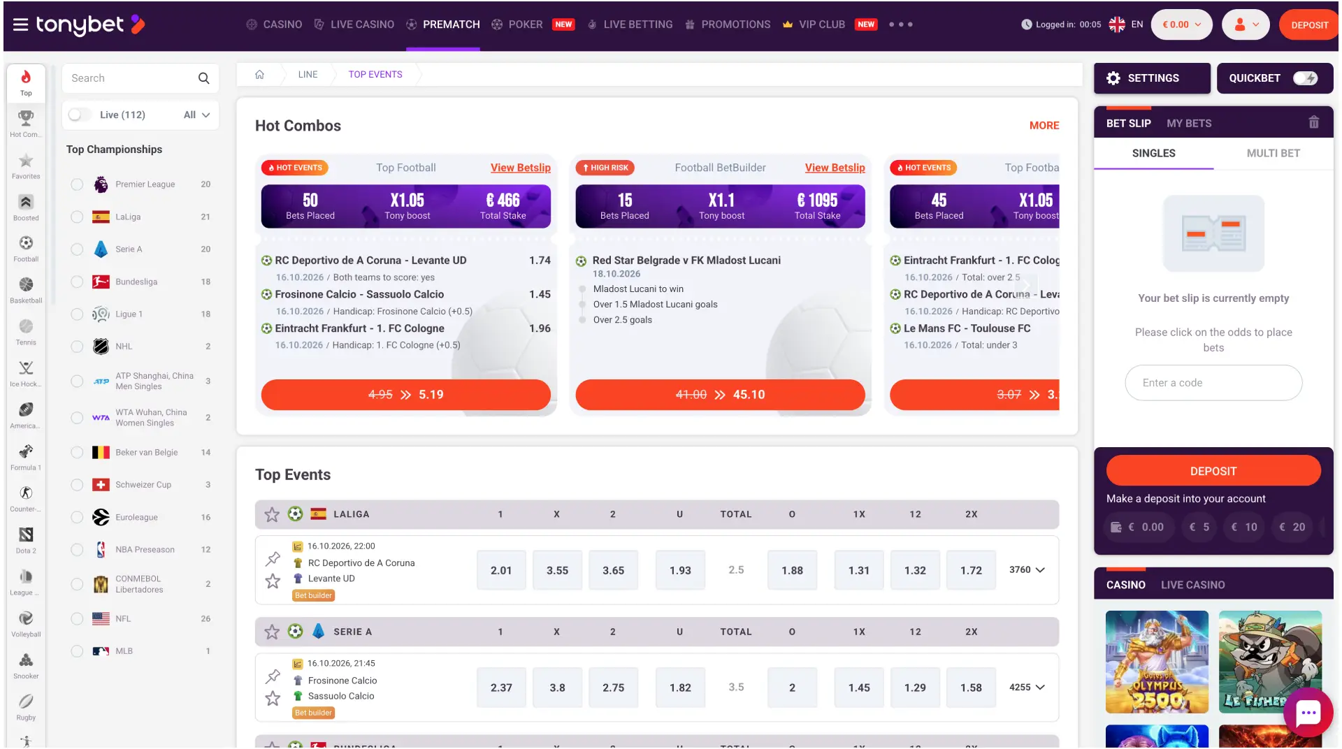 TonyBet sportsbook section