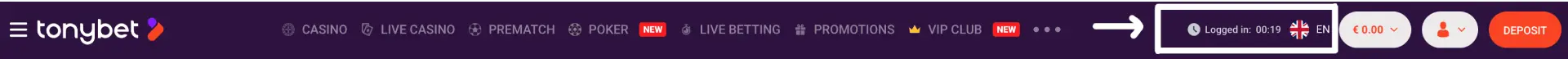 TonyBet session timer showing 18 minutes logged in